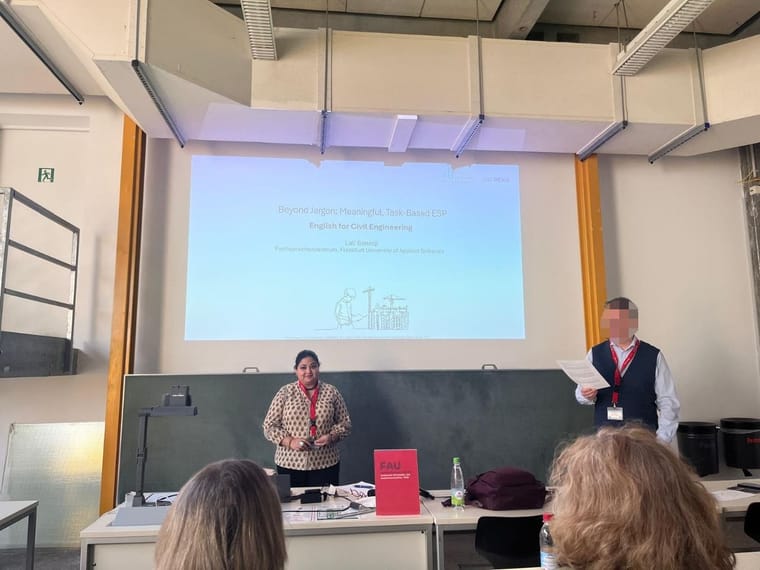 Lali Banerji presenting “Beyond Jargon: Meaningful, Task-Based ESP” in a lecture hall
